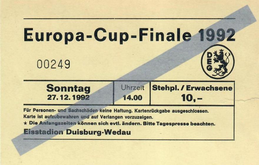 1992 Europapokal - Eintrittskarte 27.12.92 in Duisburg